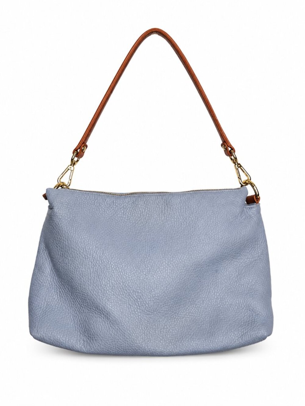Valentina Made in Italy Light Blue Genuine Leather Shoulder Bag with Brown Strap